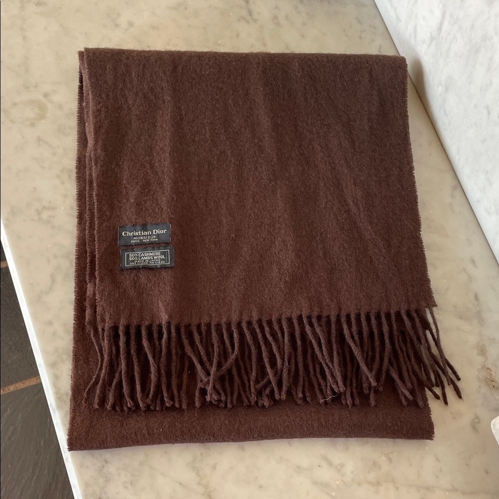 CHRISTIAN DIOR Cashmere Wool Blend Muffler Scarf in Deep Brown Vintage
